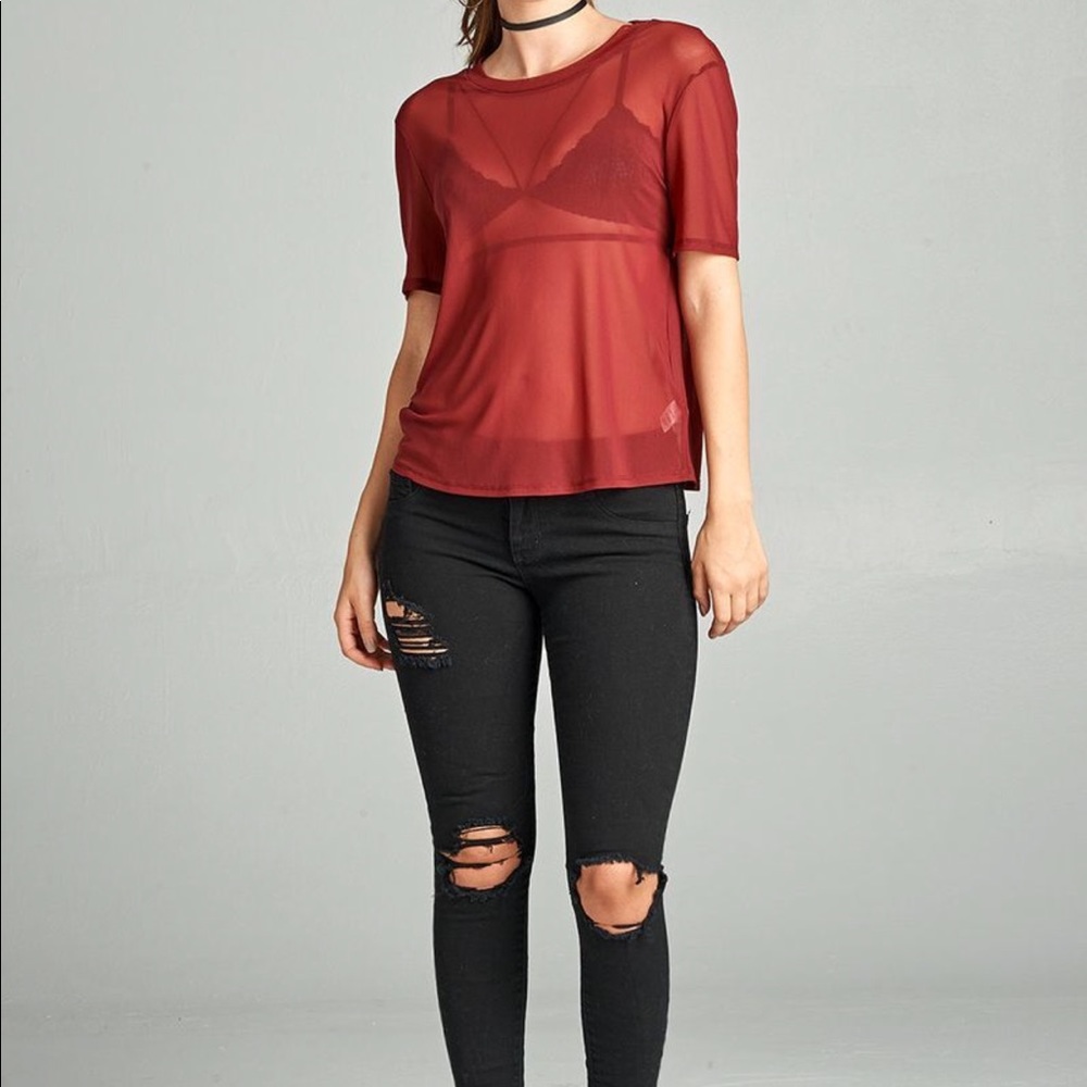 Burgundy Sheer Mesh Top